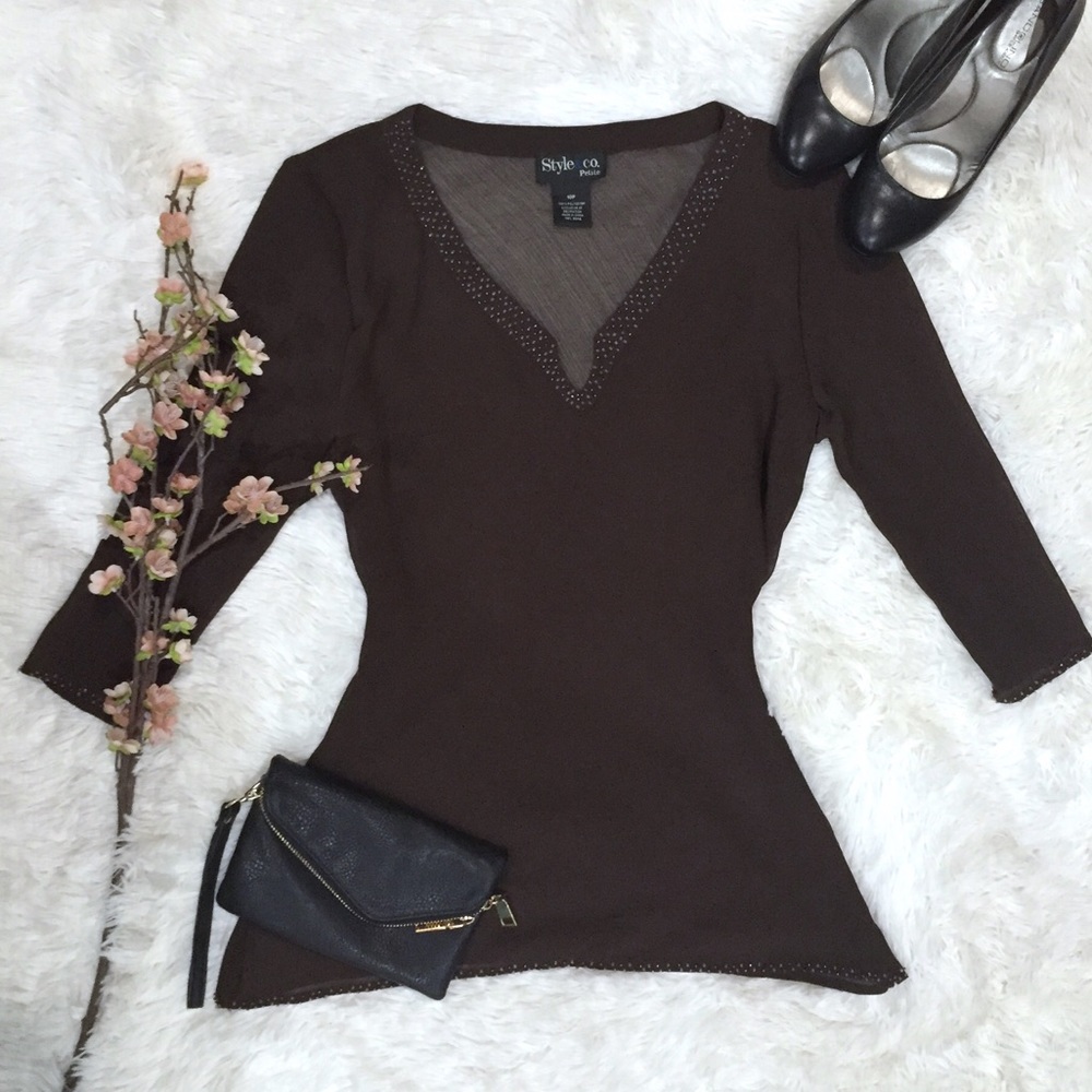Sheer Beaded Brown Blouse w/ 3/4 Sleeves SZ 10P